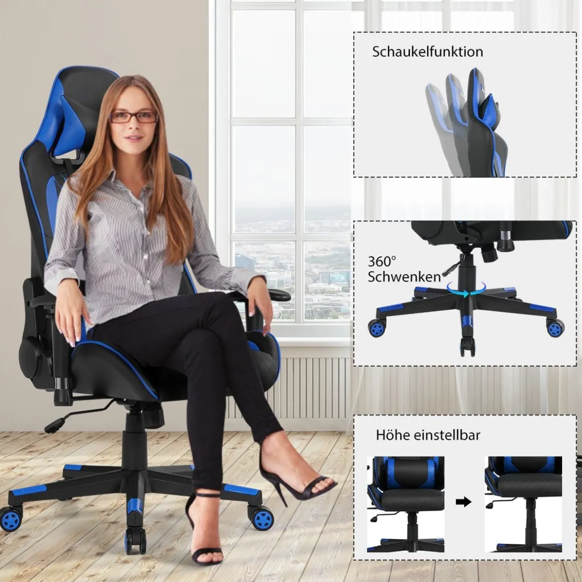 Ergonomischer Gaming Stuhl mit Hoher Rückenlehne & Kopfstütze & Lendenwirbelstütze Blau