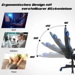 Ergonomischer Gaming Stuhl mit Hoher Rückenlehne & Kopfstütze & Lendenwirbelstütze Blau