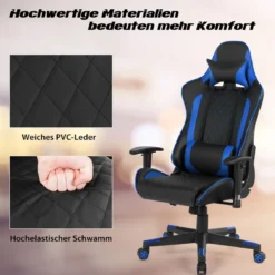 Ergonomischer Gaming Stuhl mit Hoher Rückenlehne & Kopfstütze & Lendenwirbelstütze Blau
