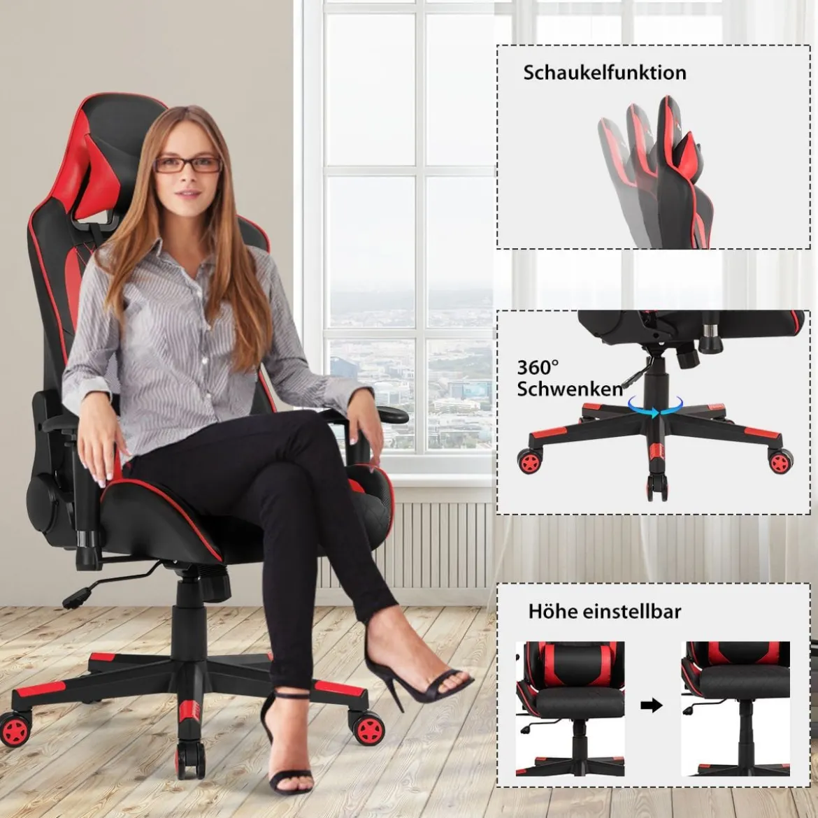 Ergonomischer Gaming Stuhl mit Hoher Rückenlehne & Kopfstütze & Lendenwirbelstütze Rot