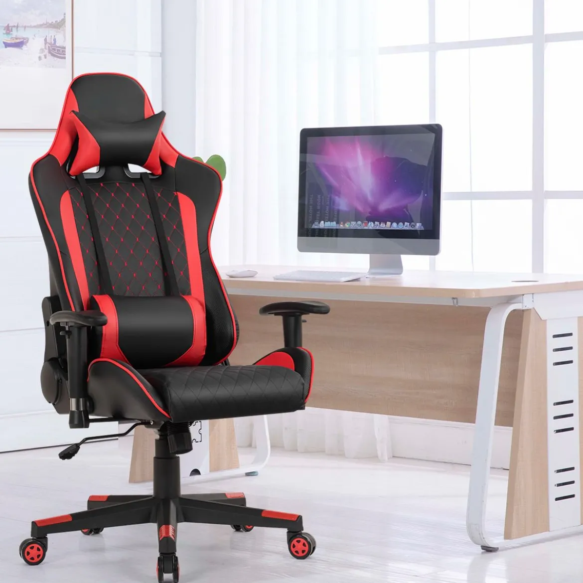 Ergonomischer Gaming Stuhl mit Hoher Rückenlehne & Kopfstütze & Lendenwirbelstütze Rot