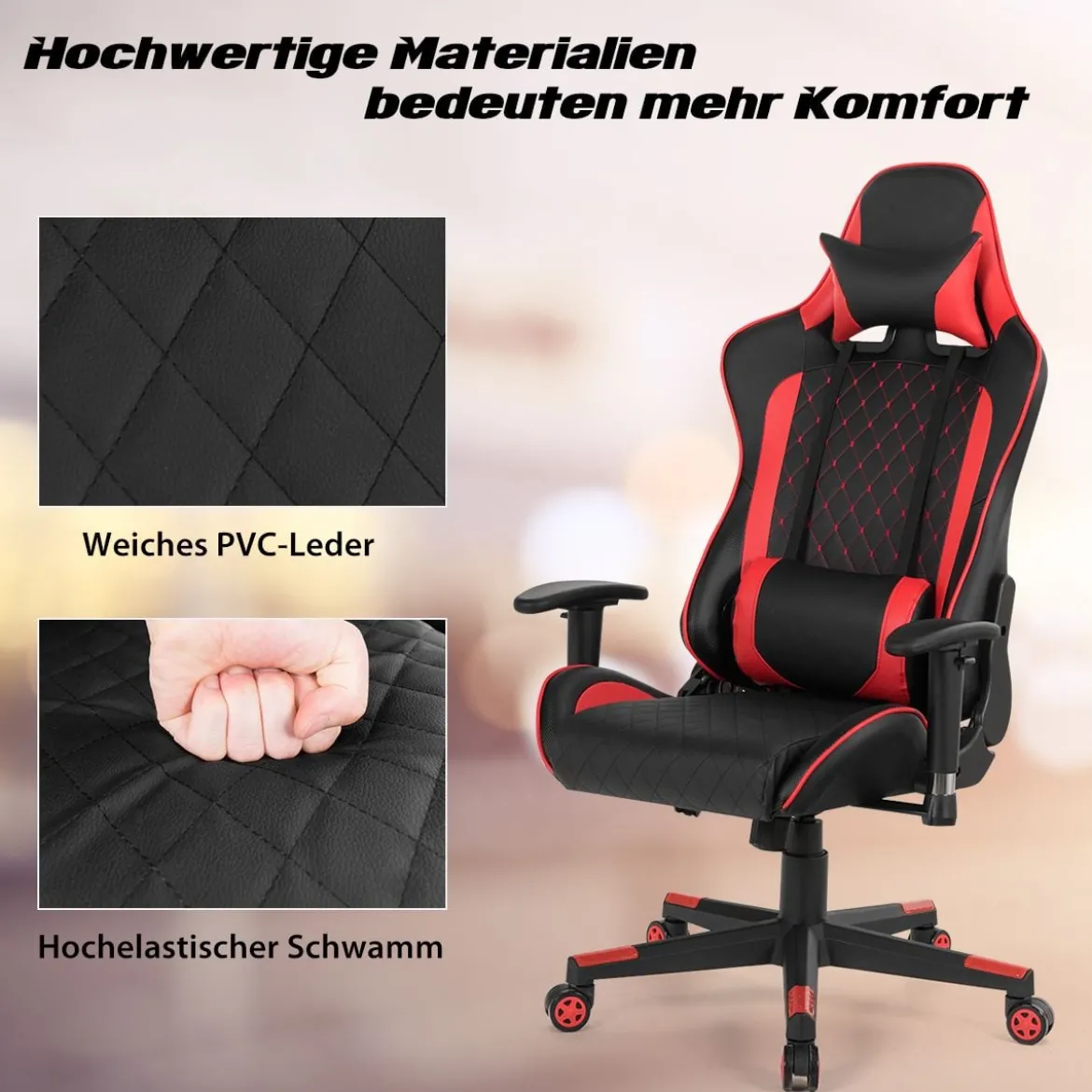 Ergonomischer Gaming Stuhl mit Hoher Rückenlehne & Kopfstütze & Lendenwirbelstütze Rot