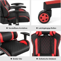 Ergonomischer Gaming Stuhl mit Hoher Rückenlehne & Kopfstütze & Lendenwirbelstütze Rot