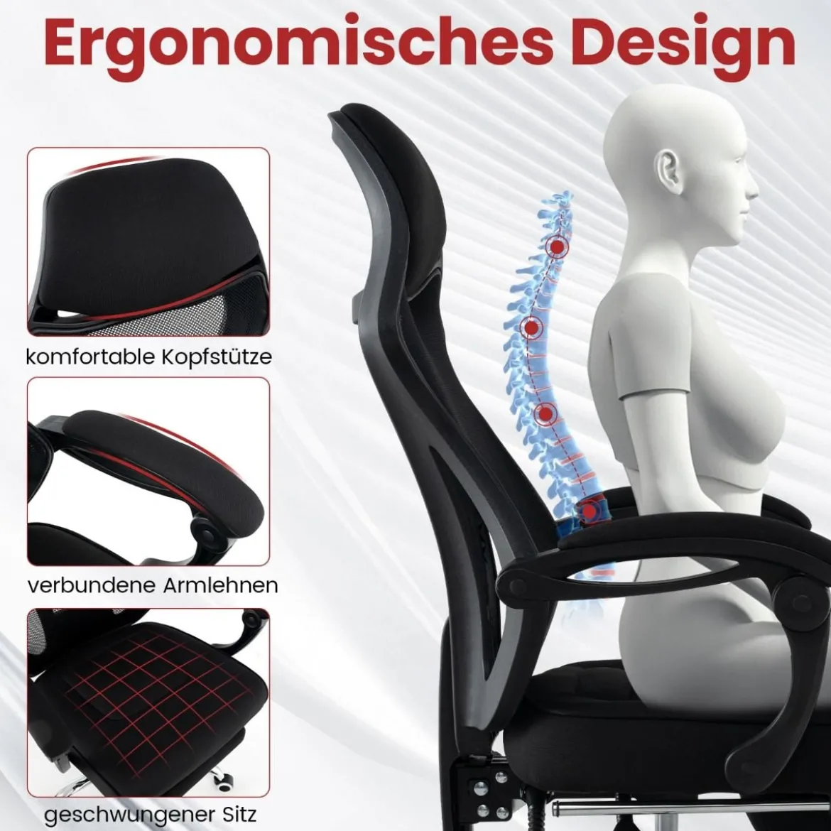 Ergonomischer Mesh-Bürostuhl mit Fußstütze & Höhenverstellbarer Neigbarer Rückenlehne Chefsessel