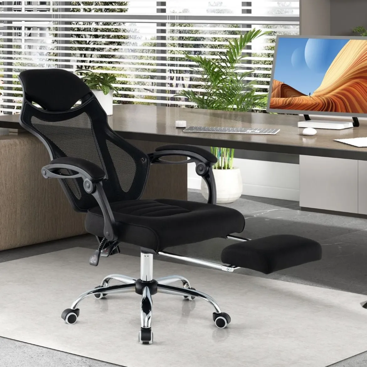 Ergonomischer Mesh-Bürostuhl mit Fußstütze & Höhenverstellbarer Neigbarer Rückenlehne Chefsessel