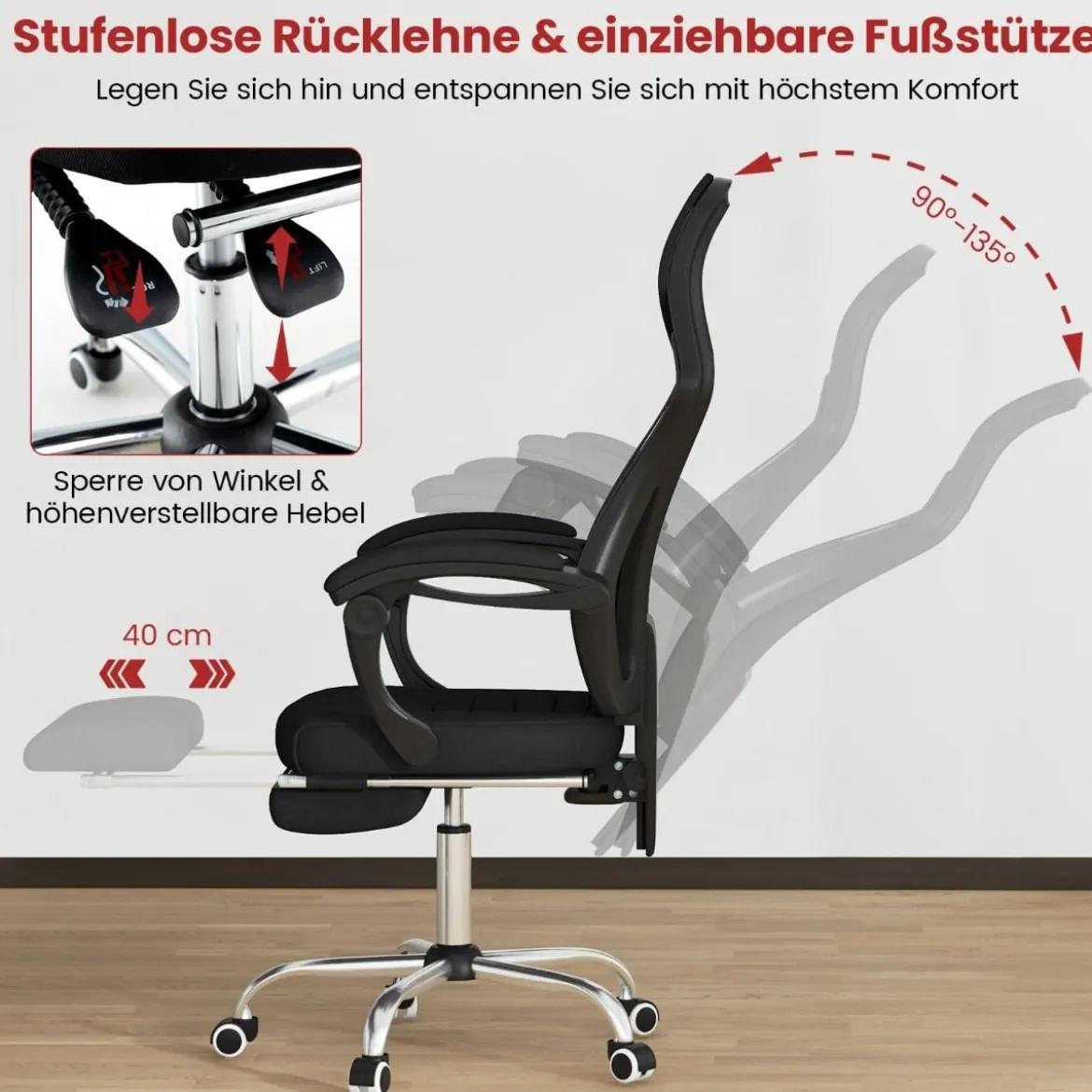 Ergonomischer Mesh-Bürostuhl mit Fußstütze & Höhenverstellbarer Neigbarer Rückenlehne Chefsessel