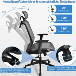 Ergonomischer Netz-Bürostuhl Computerstuhl Drehstuhl auf Rollen 68 x 68 x 114,5-124,5 cm Grau