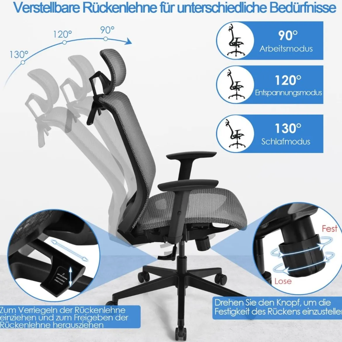 Ergonomischer Netz-Bürostuhl Computerstuhl Drehstuhl auf Rollen 68 x 68 x 114,5-124,5 cm Grau
