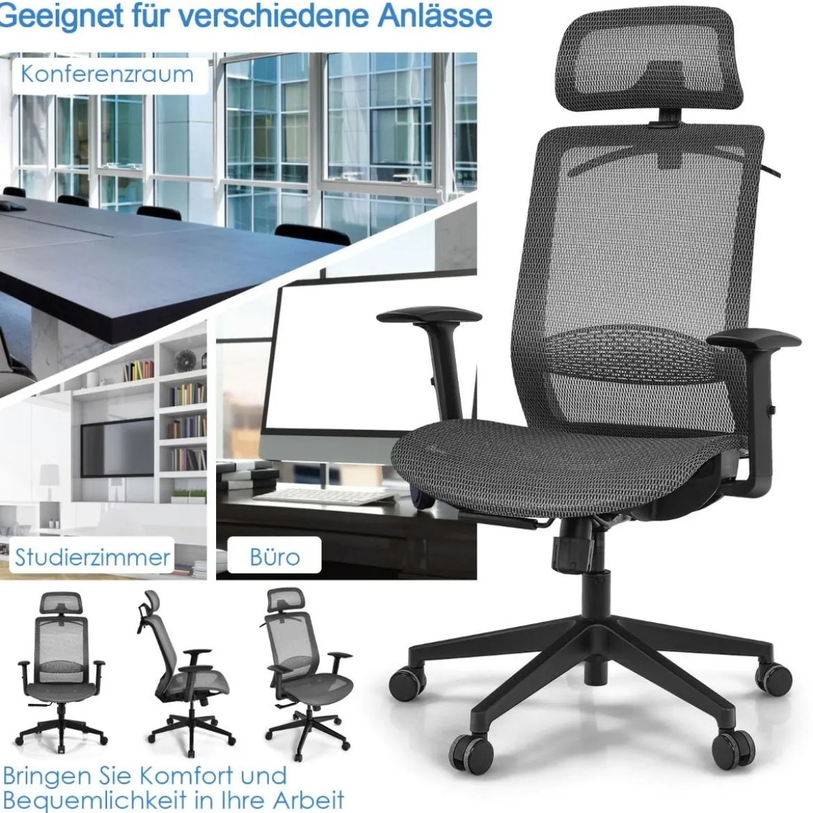 Ergonomischer Netz-Bürostuhl Computerstuhl Drehstuhl auf Rollen 68 x 68 x 114,5-124,5 cm Grau