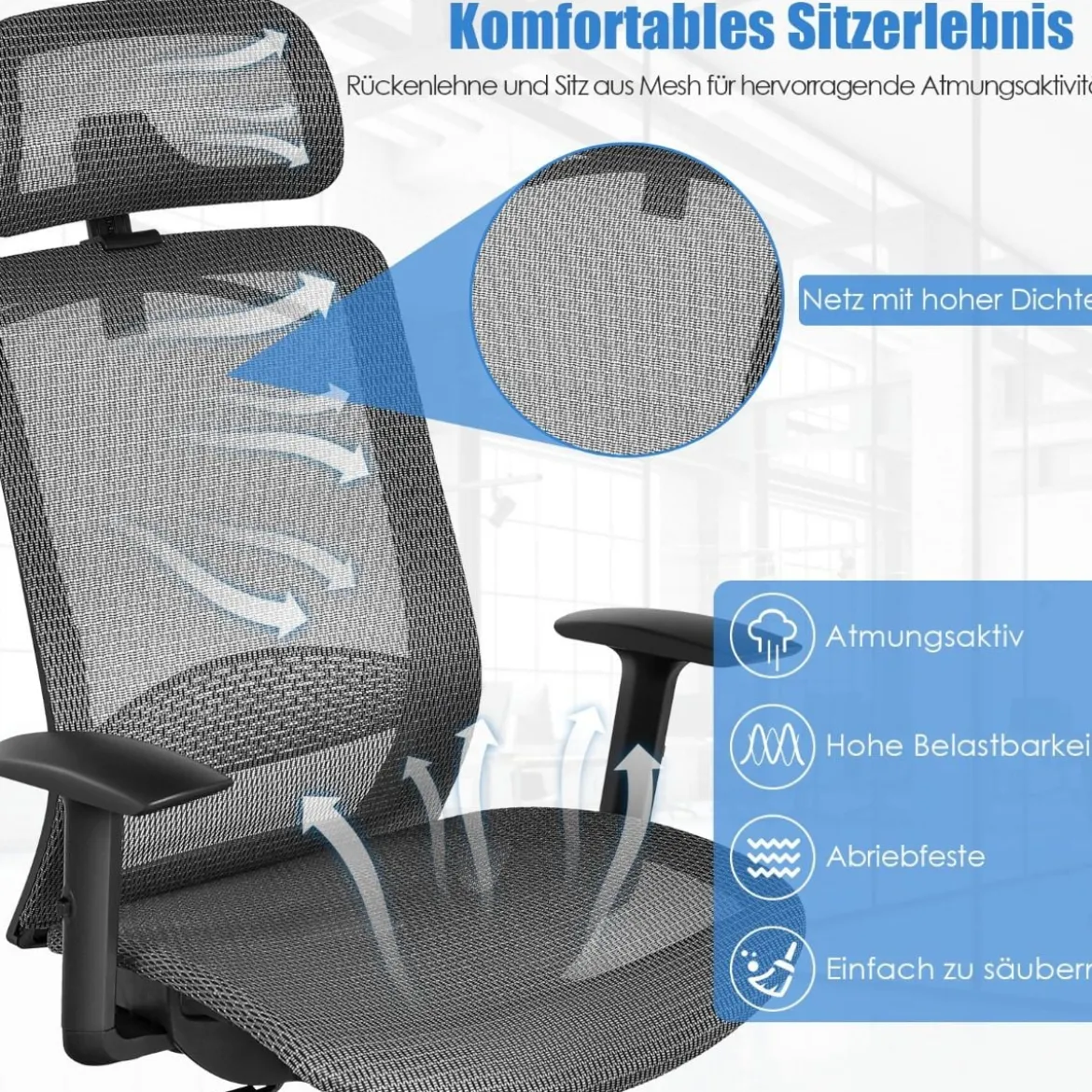 Ergonomischer Netz-Bürostuhl Computerstuhl Drehstuhl auf Rollen 68 x 68 x 114,5-124,5 cm Grau