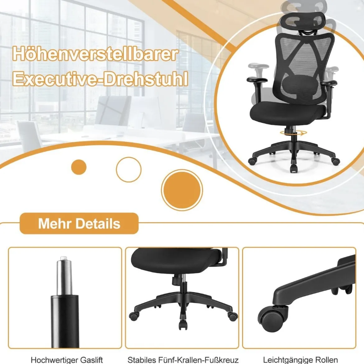 Ergonomischer Verstellbarer Drehstuhl Chefsessel mit Hoher Rückenlehne Schwarz