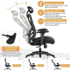 Ergonomischer Verstellbarer Drehstuhl Chefsessel mit Hoher Rückenlehne Schwarz