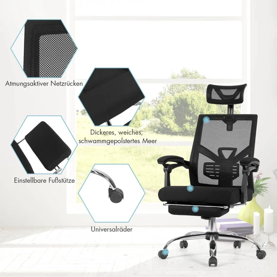 Ergonomischer Zurück Klappbarer Stuhl Computerstuhl Bürostuhl Höhenverstellbar Schwarz
