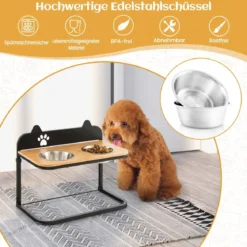 Erhöhte Fressnäpfe mit 2 Futter & Wassernäpfen aus Edelstahl & Marker 3-fach höhenverstellbare Schwarz