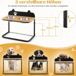 Erhöhte Fressnäpfe mit 2 Futter & Wassernäpfen aus Edelstahl & Marker 3-fach höhenverstellbare Schwarz