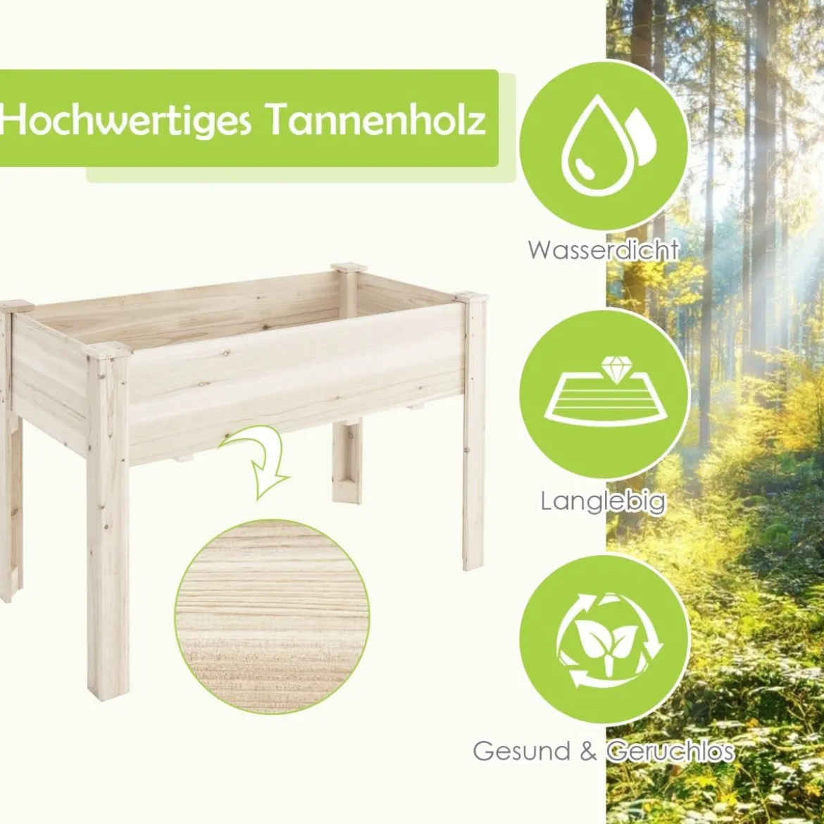 Erhöhter Pflanzkasten aus Holz mit Bodenauskleidung und großem Fassungsvermögen 121,5 x 60,5 x 81,5 cm Holzfarbe