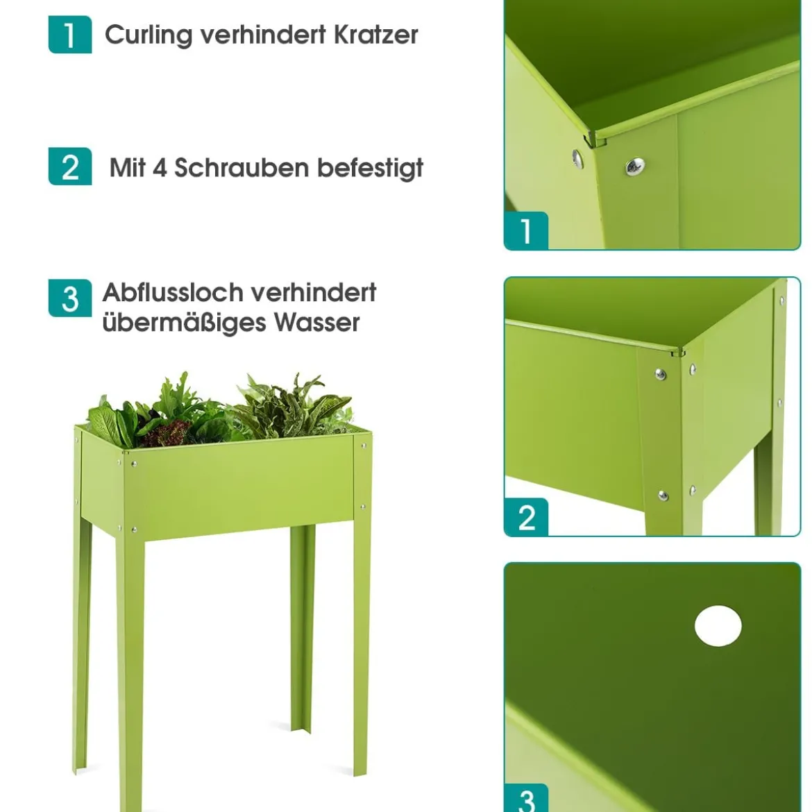 Erhöhter Pflanzkasten Metall-Hochbeet mit reichlich Pflanzfläche Pflanzkasten mit 2 Drainagelöchern 60 x 30 x 80cm