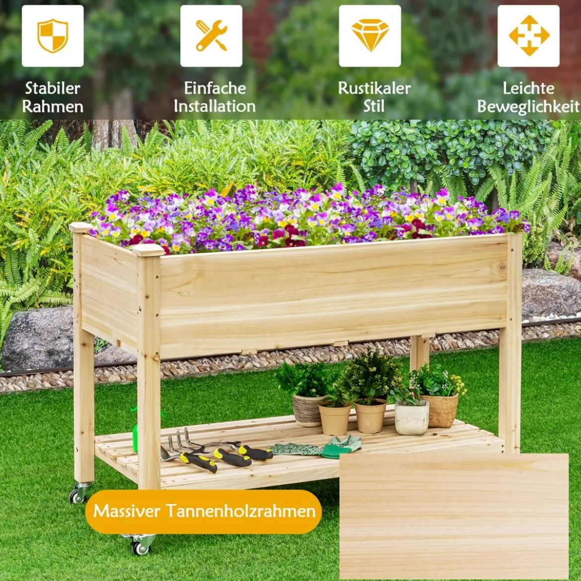 Erhöhtes Gartenbeet Pflanzkasten aus Holz mit Feststellbaren Rädern 120 x 59 x 84 cm Natur