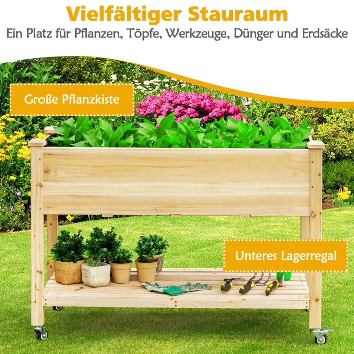 Erhöhtes Gartenbeet Pflanzkasten aus Holz mit Feststellbaren Rädern 120 x 59 x 84 cm Natur