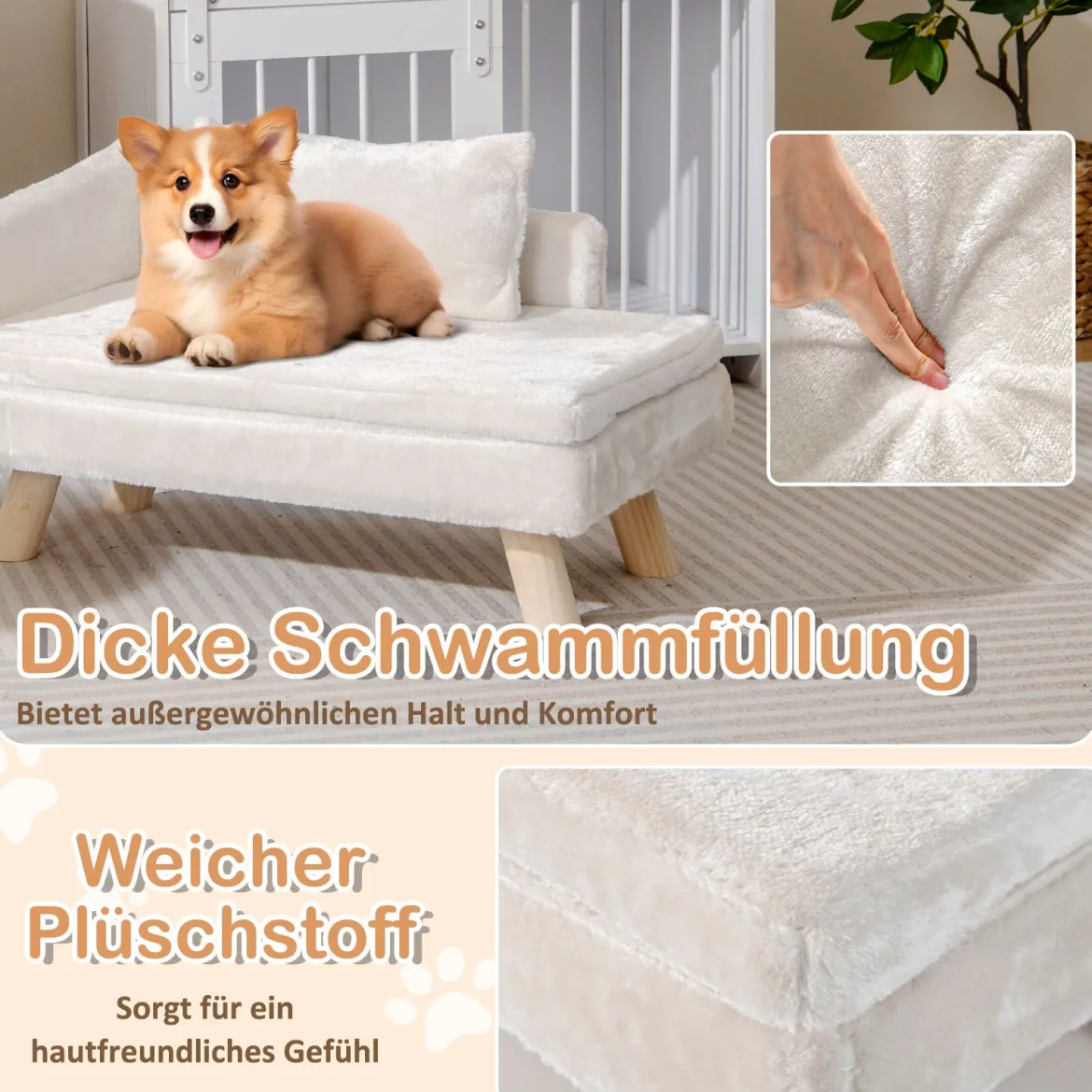 Erhöhtes Haustierbett für mittelgroße & kleine Haustiere Hundesofa mit abnehmbarem gepolstertem Kissen & Kopfkissen Weiß