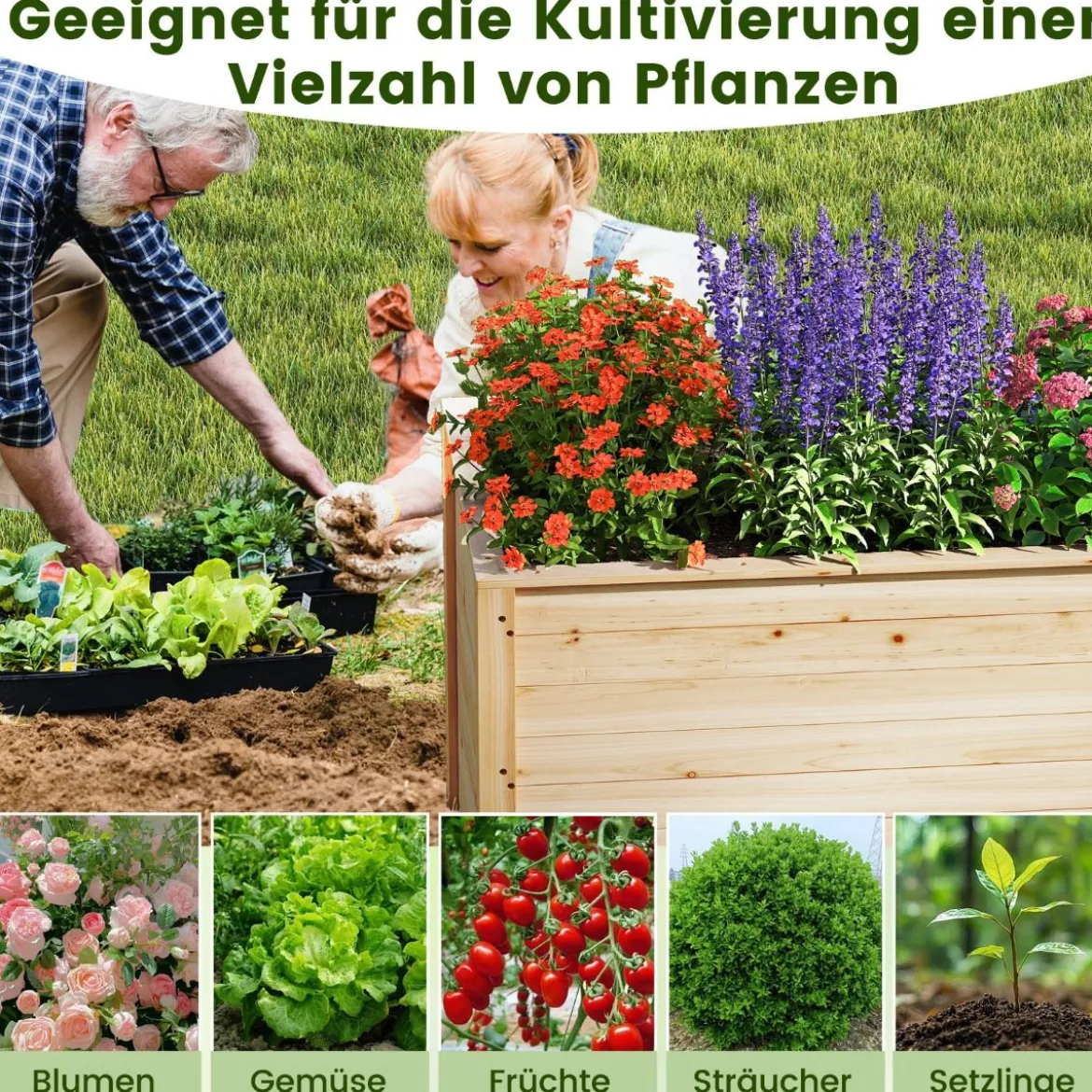 Erhöhtes Hochbeet Holz Gartenbeet tief Pflanzkasten mit offenem Boden 100 x 64 x 65,5 cm Natur