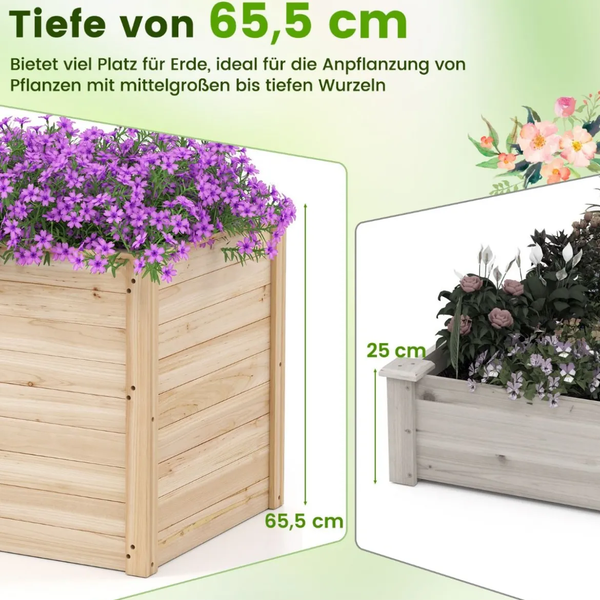 Erhöhtes Hochbeet Holz Gartenbeet tief Pflanzkasten mit offenem Boden 100 x 64 x 65,5 cm Natur