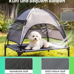 Erhöhtes Hundebett mit Baldachin Wetterfeste Hundeliege mit Abnehmbare Sonnendach 78,5 x 63 x 70 cm
