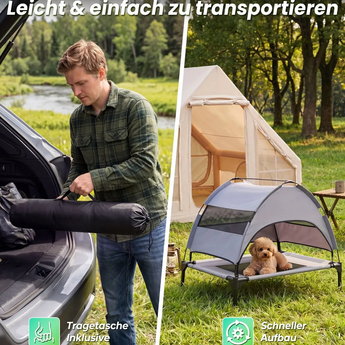 Erhöhtes Hundebett mit Baldachin Wetterfeste Hundeliege mit Abnehmbare Sonnendach 78,5 x 63 x 70 cm