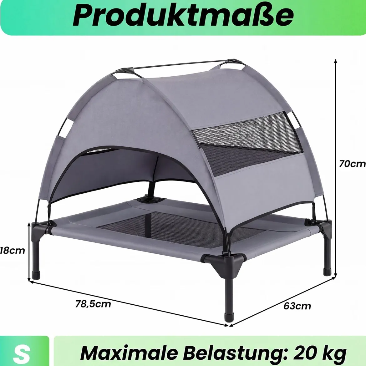 Erhöhtes Hundebett mit Baldachin Wetterfeste Hundeliege mit Abnehmbare Sonnendach 78,5 x 63 x 70 cm