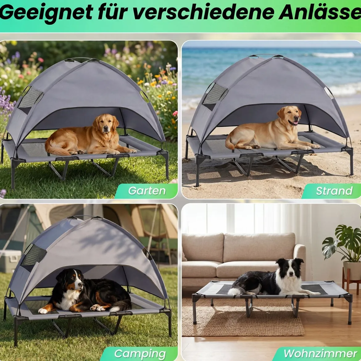 Erhöhtes Hundebett mit Baldachin Wetterfeste Hundeliege mit Abnehmbare Sonnendach 122,5 x 91 x 95 cm