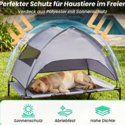 Erhöhtes Hundebett mit Baldachin Wetterfeste Hundeliege mit Abnehmbare Sonnendach 122,5 x 91 x 95 cm