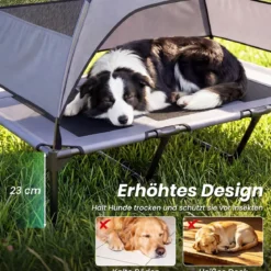 Erhöhtes Hundebett mit Baldachin Wetterfeste Hundeliege mit Abnehmbare Sonnendach 122,5 x 91 x 95 cm
