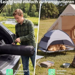 Erhöhtes Hundebett mit Baldachin Wetterfeste Hundeliege mit Abnehmbare Sonnendach 122,5 x 91 x 95 cm