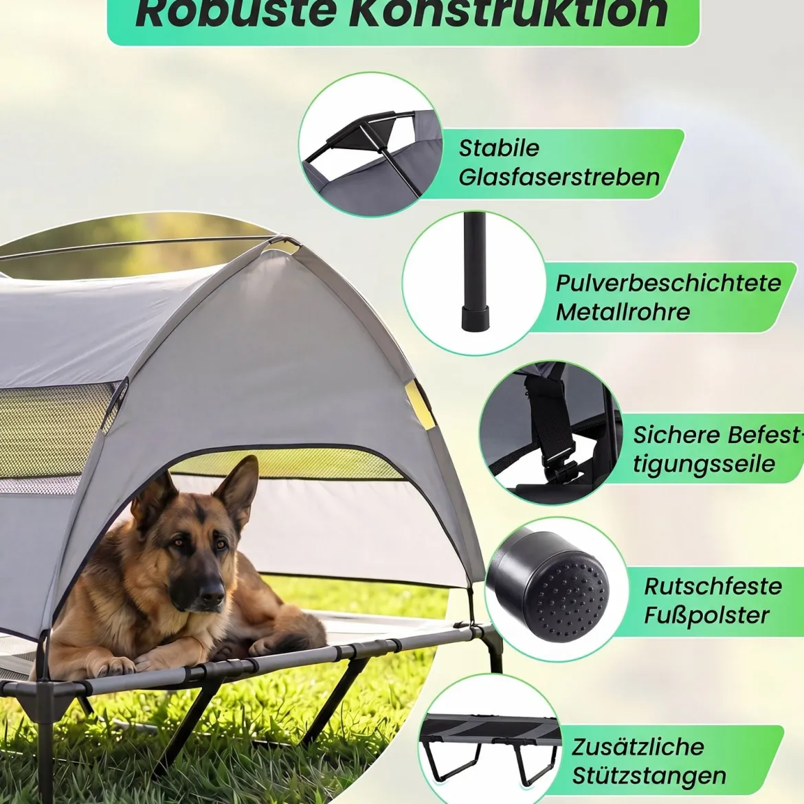 Erhöhtes Hundebett mit Baldachin Wetterfeste Hundeliege mit Abnehmbare Sonnendach 122,5 x 91 x 95 cm