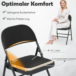 4er Klappstühle Gartenstuhl klappbar Campingstuhl Kunstleder mit Metallrahmen Esszimmertühle gepolstert bis 150KG belastbar Schwarz