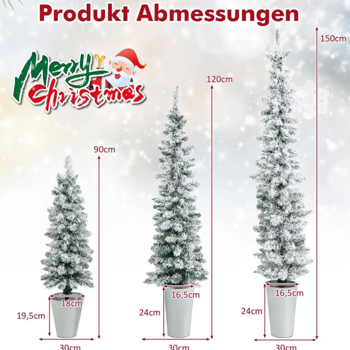 3er Künstliche Weihnachtsbaum mit Schnee & Sockel aus Metall 90 + 120 + 150 cm Grün