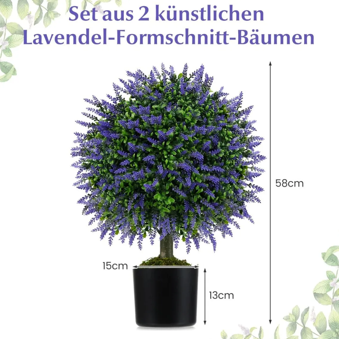 2er Kunstpflanze mit Lavendelbäume in Lila & Blättern Buchsbaum Kunstbaum mit Topf 58cm
