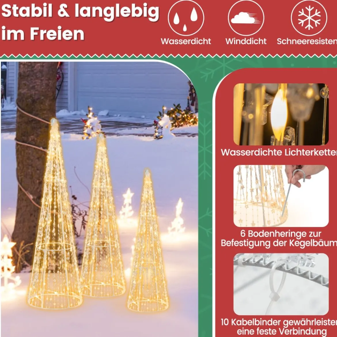 3er LED Weihnachtsbaum Kegelform mit Lichterkette & Sternschnüren Beleuchtete Weihnachtsdeko