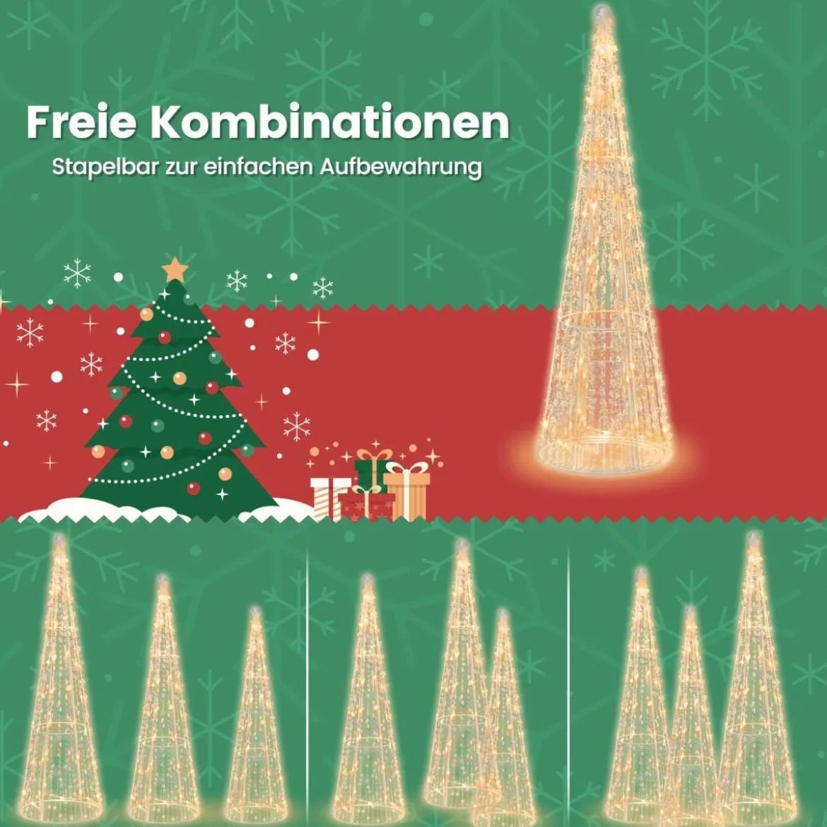 3er LED Weihnachtsbaum Kegelform mit Lichterkette & Sternschnüren Beleuchtete Weihnachtsdeko
