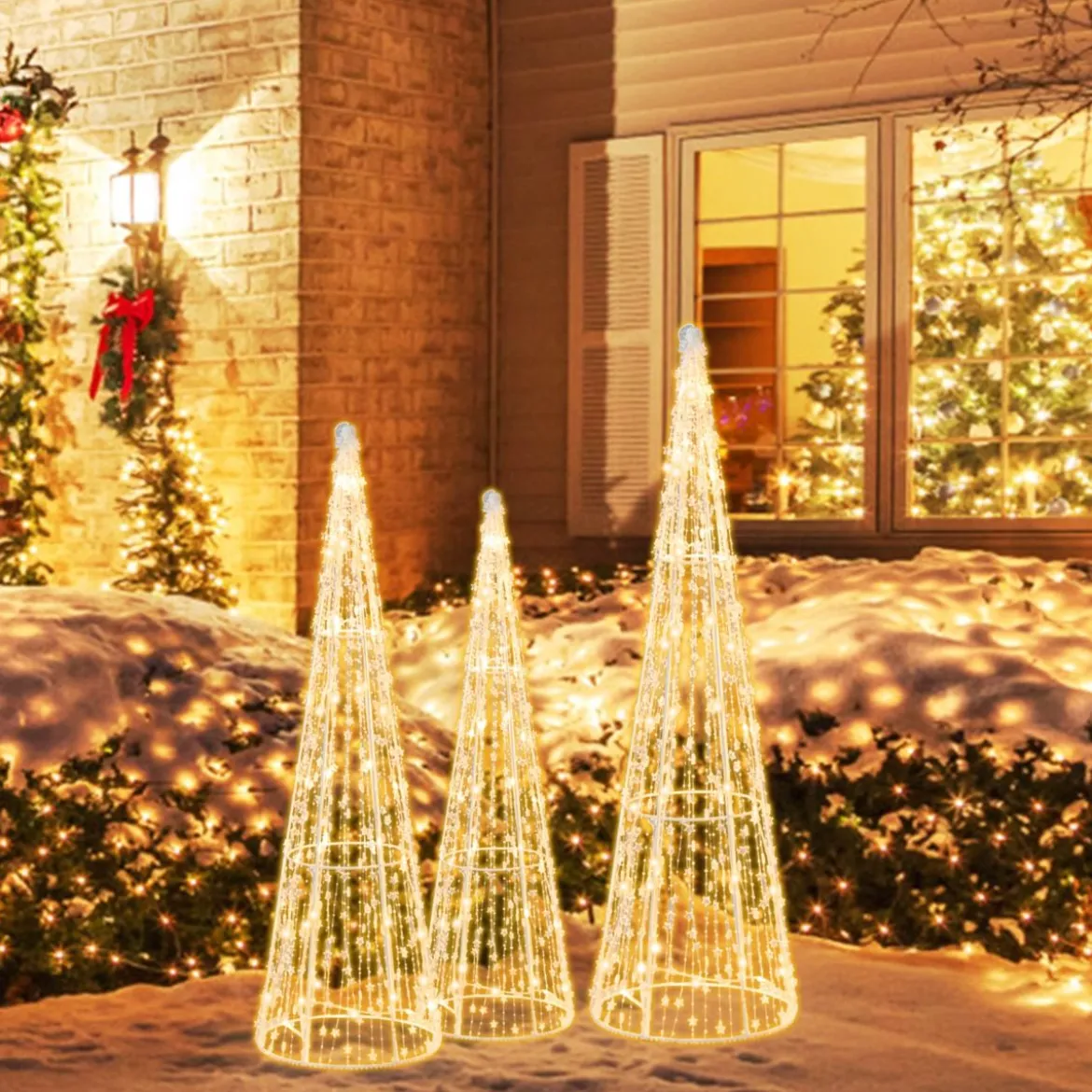 3er LED Weihnachtsbaum Kegelform mit Lichterkette & Sternschnüren Beleuchtete Weihnachtsdeko