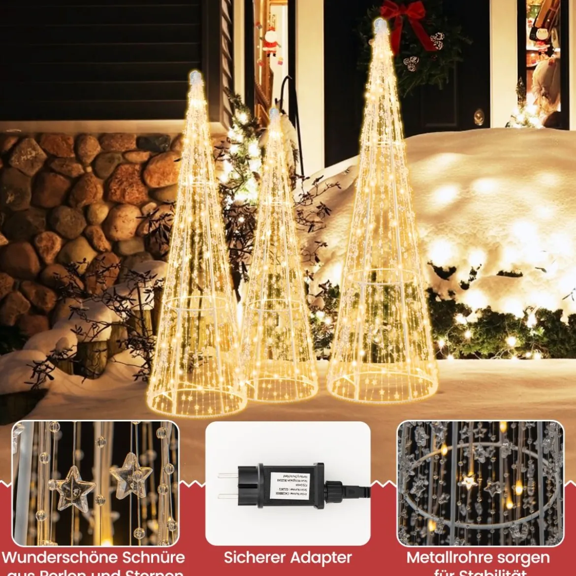 3er LED Weihnachtsbaum Kegelform mit Lichterkette & Sternschnüren Beleuchtete Weihnachtsdeko