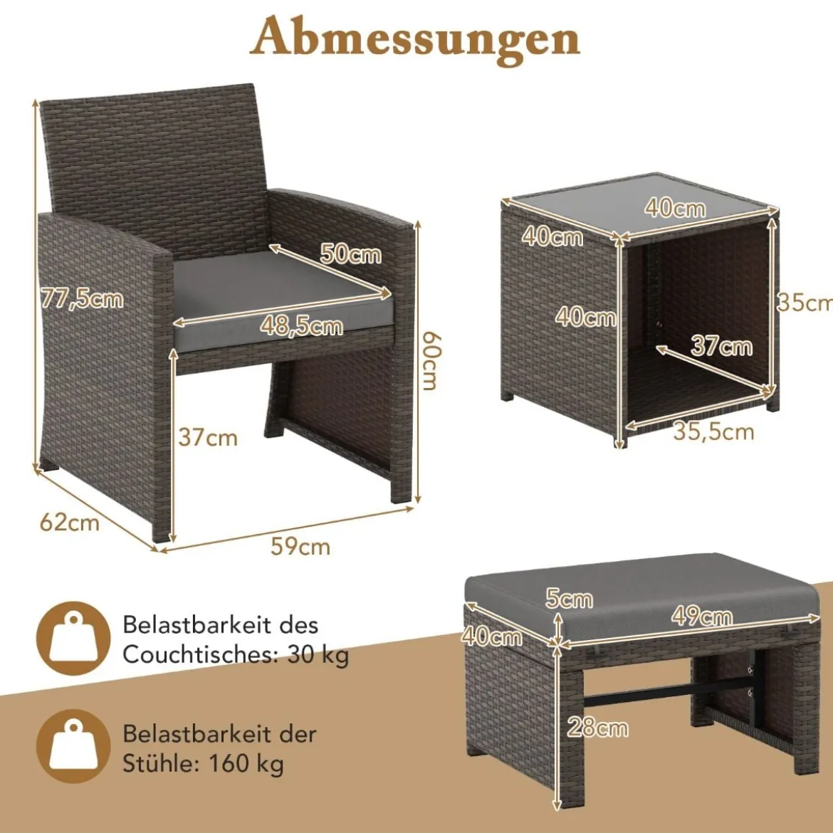 5er Möbel-Set Rattan Set Möbel Terrasse Sitzgruppe Sitzgarnitur Braun + Grau