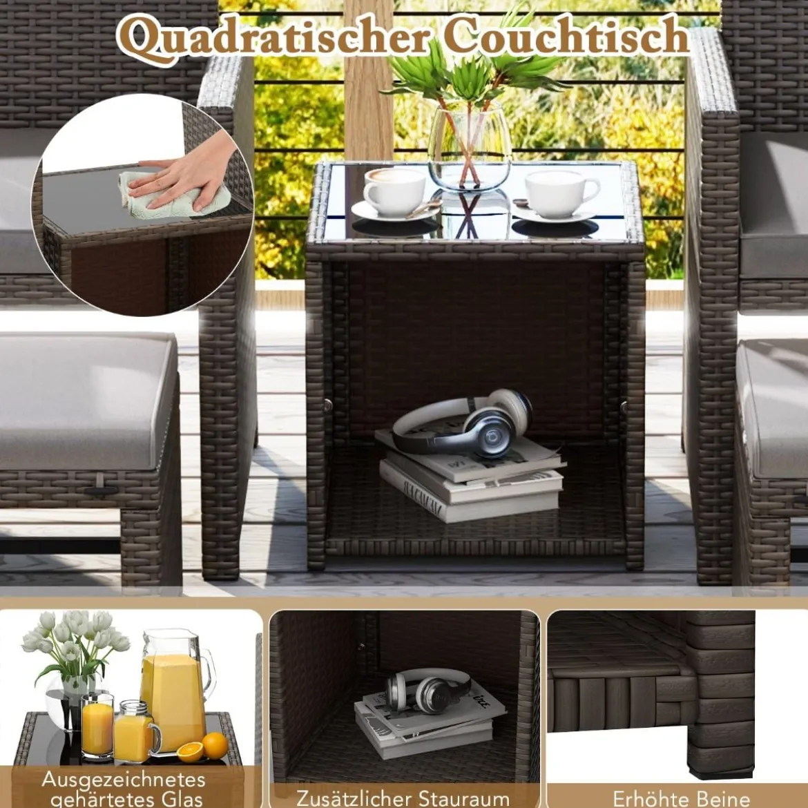 5er Möbel-Set Rattan Set Möbel Terrasse Sitzgruppe Sitzgarnitur Braun + Grau