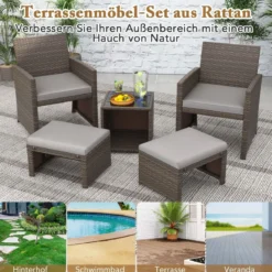 5er Möbel-Set Rattan Set Möbel Terrasse Sitzgruppe Sitzgarnitur Braun + Grau
