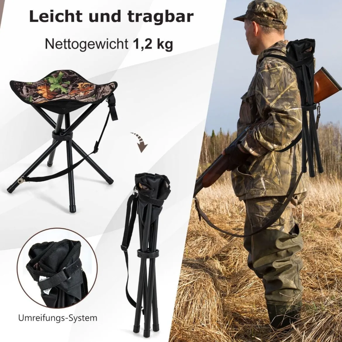 2er-Pack Faltbarer Jagdhocker Leichter Klappbarer Outdoor-Sitz mit Schultergurt 32 x 32 x 40 cm Tarnmuster
