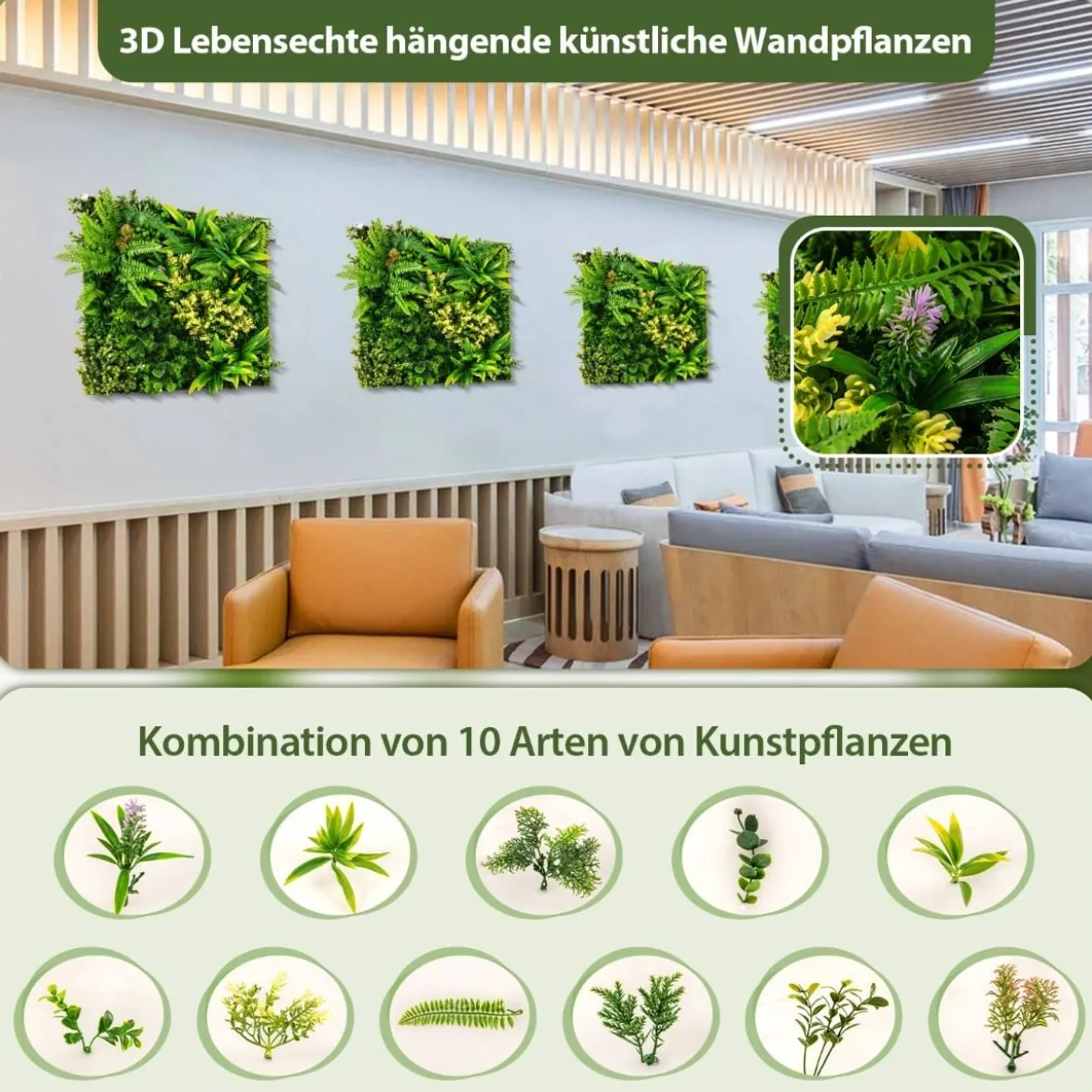 2er-Pack Quadratisch Gerahmte Wandkunst aus Künstlichem Laub 3D-Wandbegrünung 50 x 50 cm