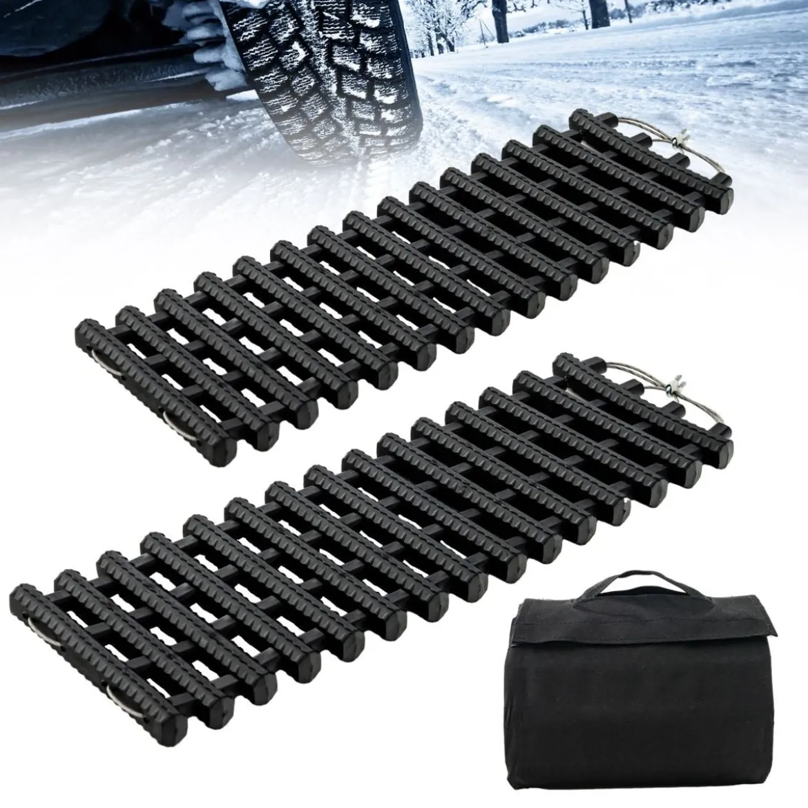2er-Pack Reifen-Traktionsmatten mit Tasche Notfall-Traktionshilfe Schwarz 61,5 x 21 x 2,8 cm