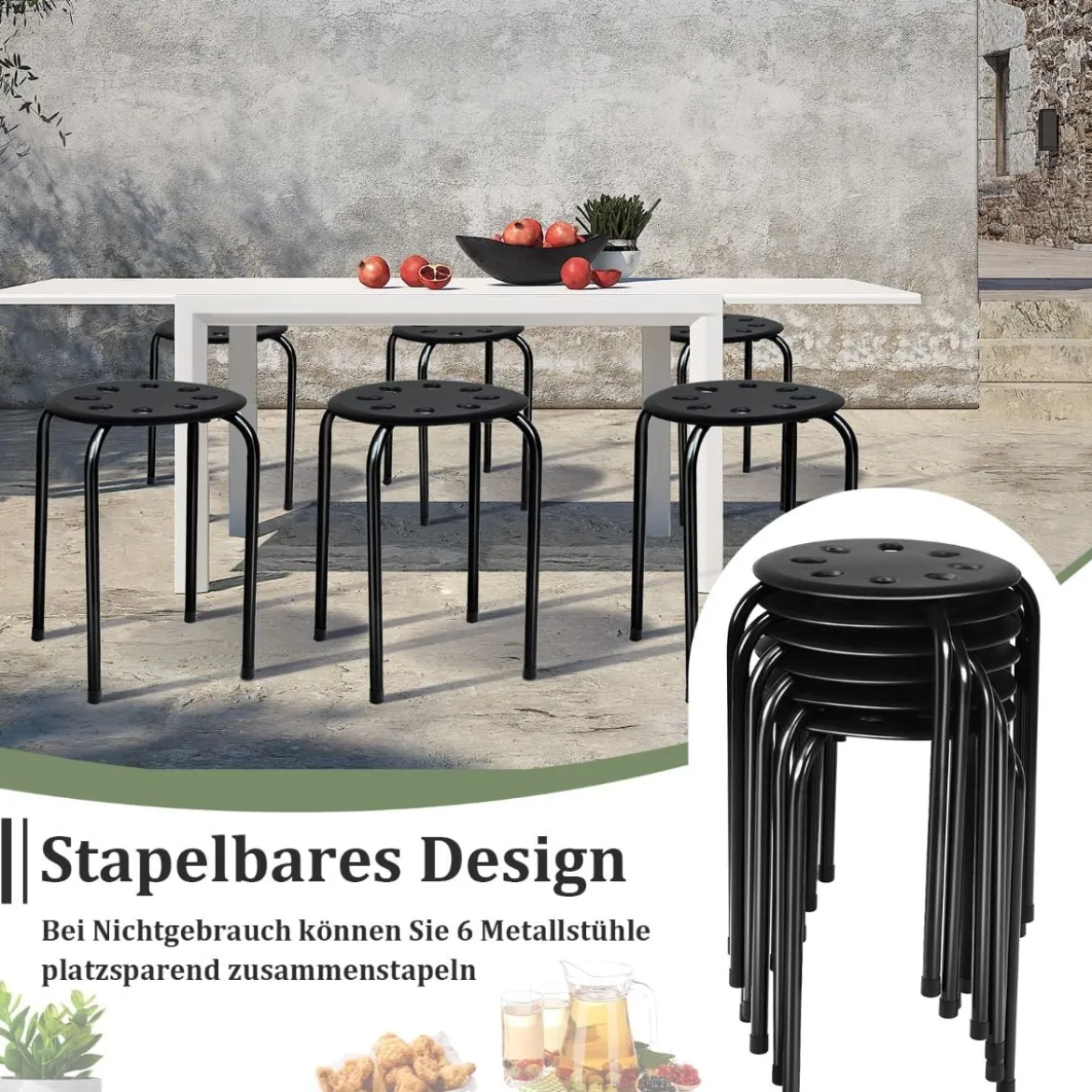 6er-Pack stapelbare Metallhocker mit X-förmigem Metallrahmen Runder Sitz Schwarz
