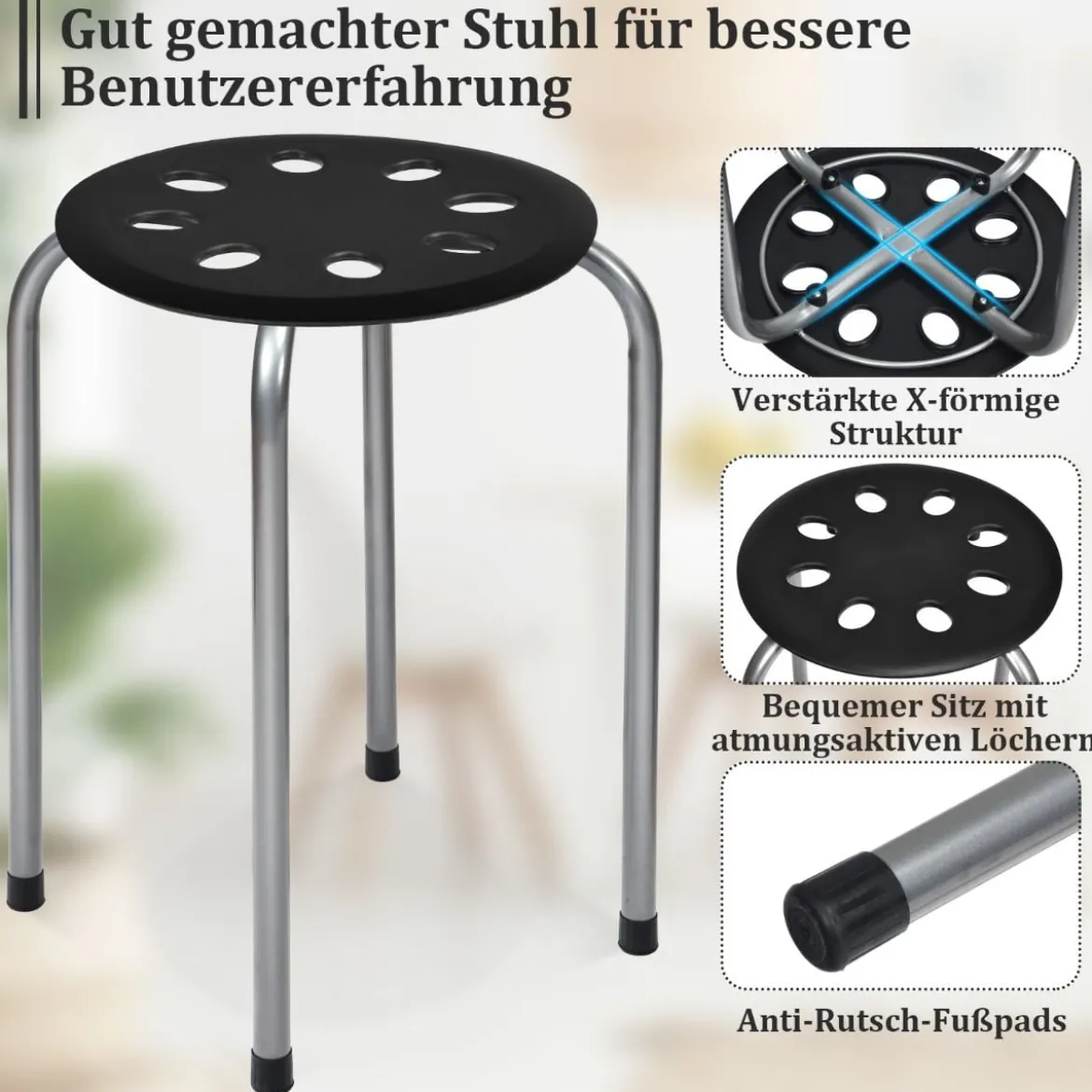 6er-Pack stapelbare Metallhocker mit X-förmigem Metallrahmen Runder Sitz Schwarz