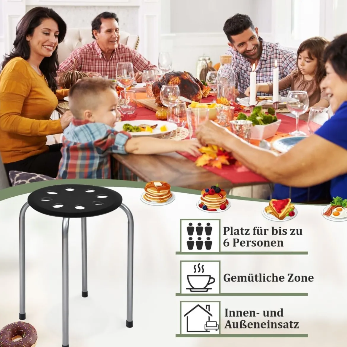6er-Pack stapelbare Metallhocker mit X-förmigem Metallrahmen Runder Sitz Schwarz